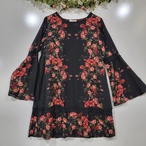 Taylor And Sage Black Midi Aline Dress With Red Roses And Lace Bell Sleeves